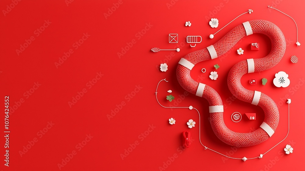 Leinwandbilder Sophisticated and modern snake design with geometric segments and soft floral icons on a vibrant red background creating a playful and visual concept