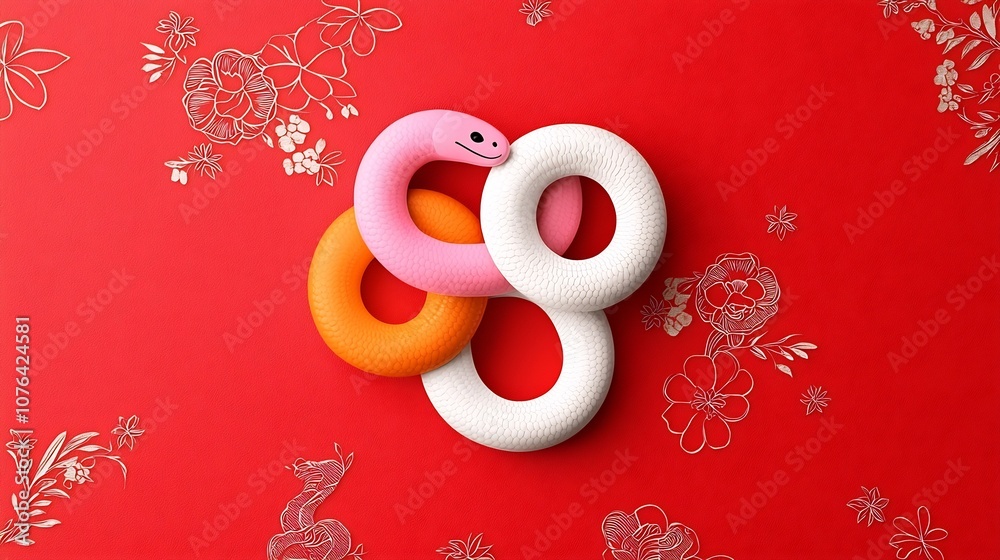 Poster Striking Minimalist Snake Art Design in a Vibrant Color Palette of Pink Orange and White Set Against a Bright Red Background with Subtle Floral Patterns Emphasizing Simplicity and Contemporary Style