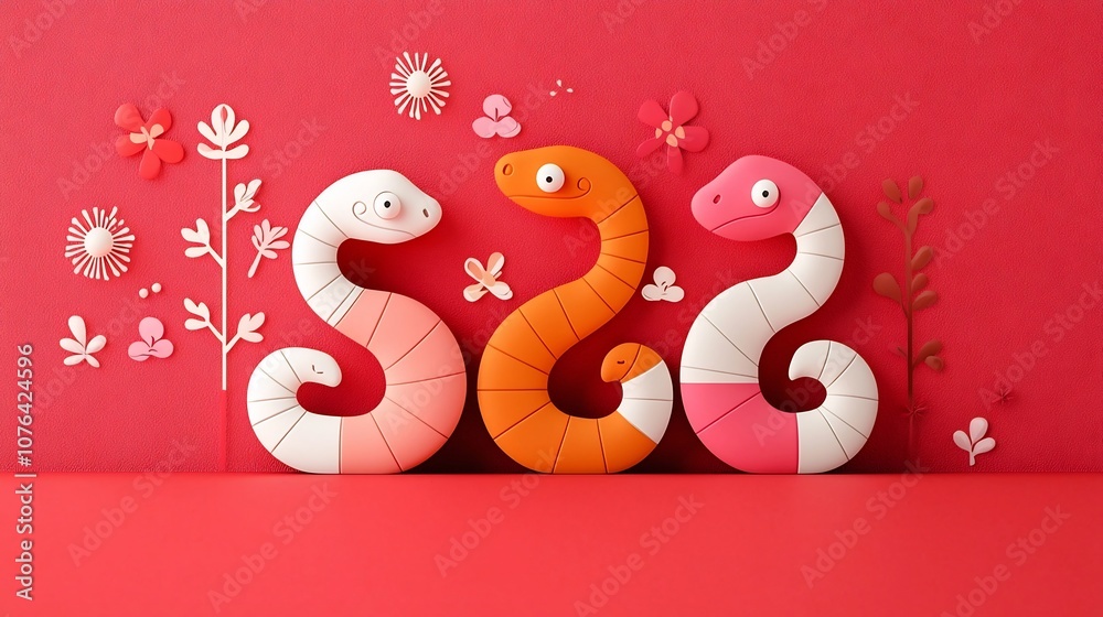 Fototapete Elegant and Stylized Minimalist Snake Art Set Against a Bright Red Background with Subtle Floral Patterns Emphasizing Simplicity and Modern Design