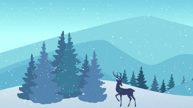Video winter background illustration animation snow falling, mountain Christmas trees deer. Vector video