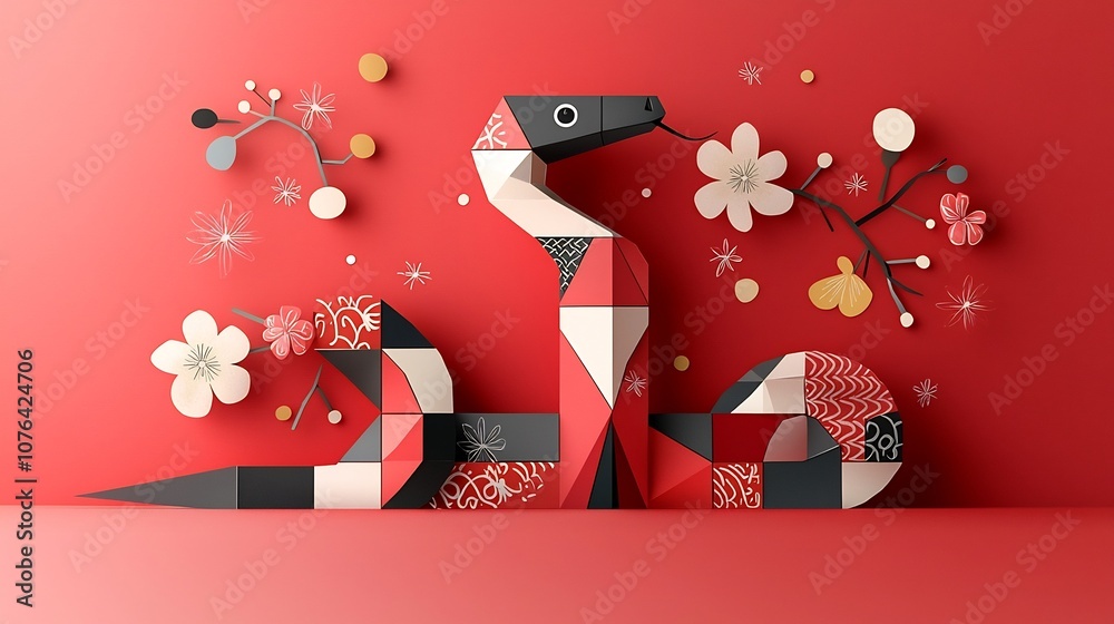 Aufkleber Playful geometric snake in a flat style using a red background with floral designs to enhance the visual interest and create a modern stylized and vibrant visual element
