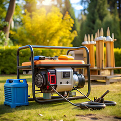 A portable generator powers various tools outdoors.