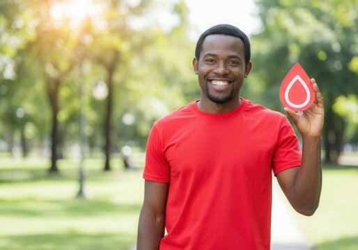 Smiling volunteer promoting blood donation holding blood drop symbol in park
