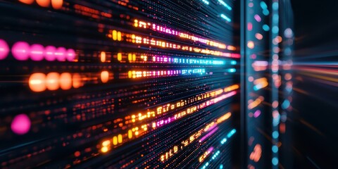 Fototapeta premium A vibrant visualization of data streams featuring colorful lights in a dynamic, tech-inspired environment.