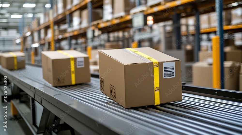 Poster Cardboard Boxes with Yellow Tape Moving on Conveyor Belt in Modern Warehouse Illustrating Organized Logistics and Efficient Distribution with Blurred Background for Depth
