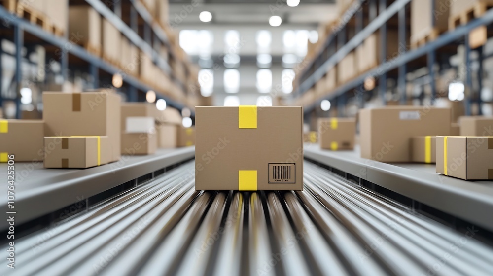 Aufkleber close up view of cardboard boxes with yellow tape moving on a conveyor belt in a modern warehouse il