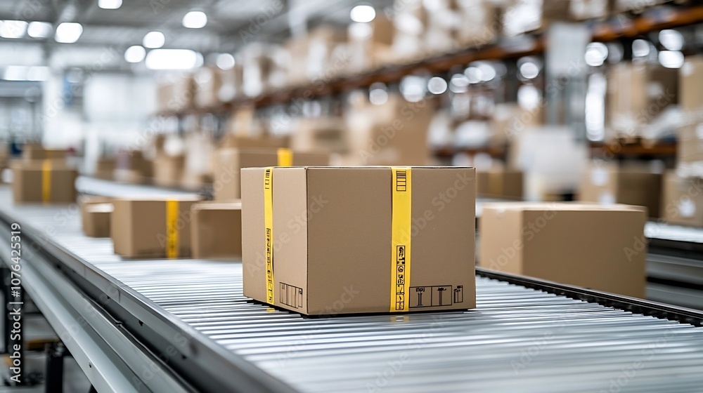 Poster Close up view of cardboard boxes moving on a conveyor belt in a modern efficient warehouse facility
