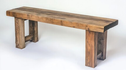 Rustic wooden bench with thick plank top and chunky legs.