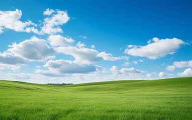 Obraz premium A serene landscape featuring lush green fields under a bright blue sky with fluffy clouds.