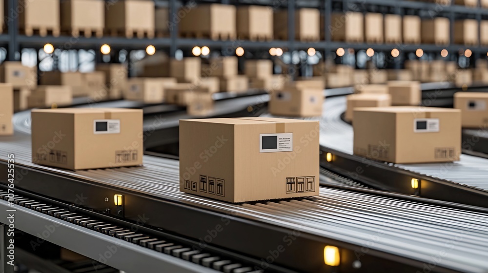 Leinwandbilder Streamlined Logistics A Close up View of Cardboard Boxes Moving on a Conveyor Belt Highlighting the Efficiency and Automation of Modern Distribution Processes in a Warehouse Setting