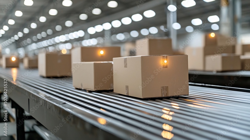 Poster Automated Warehouse Logistics Close up of Cardboard Boxes Moving on a Conveyor Belt Highlighting the Efficiency and Technology of Modern Distribution Processes