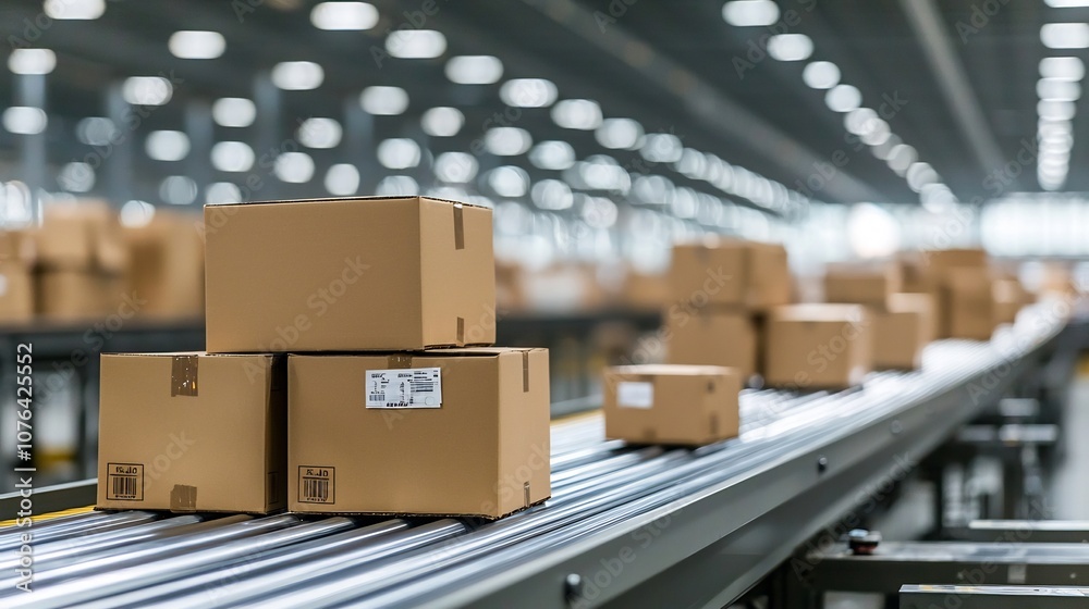 Aufkleber Efficient warehouse logistics processes captured in a close up view of cardboard boxes moving on a conveyor belt with lighting emphasizing the modern and automated nature of distribution workflows