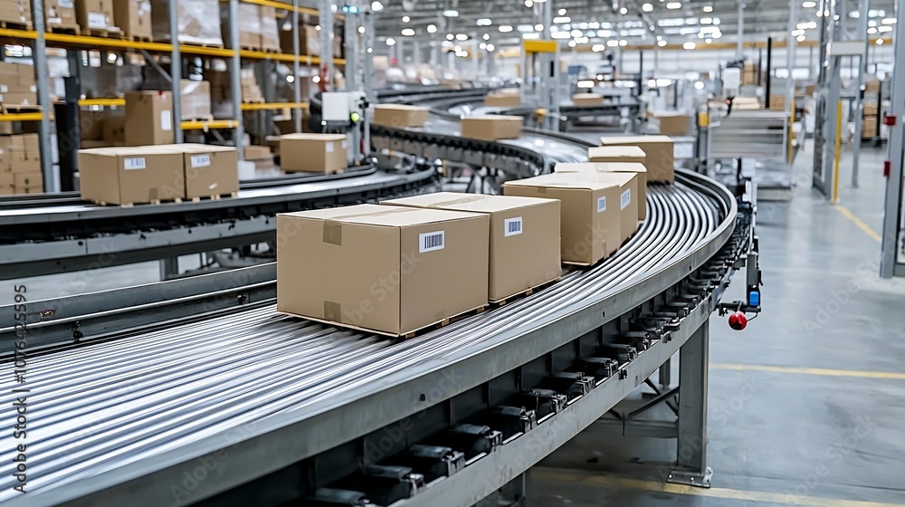Aufkleber High angle close up view of an automated warehouse conveyor belt efficiently transporting stacks of boxes symbolizing the speed and precision of modern supply chain logistics