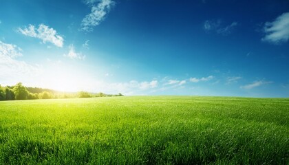 Fototapeta premium 透明なブルーの空と広がる緑の草原、太陽光が温かく照らすシンプルな風景。エコ意識とサステイナブルな未来をテーマにしたデザインにぴったりな自然の美しい背景素材です。 