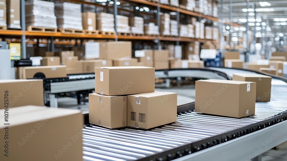 Poster neatly packed cardboard boxes moving on conveyor belt in a high tech warehouse showcasing organized 
