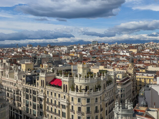 Obraz premium Panoramic aerial view of Gran Via, main shopping street in Madrid, capital of Spain, Europe, High quality photo