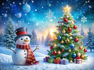 Obraz premium Charming Snowman Beside a Beautifully Decorated Christmas Tree in a Magical Winter Wonderland Scene Evoking Holiday Cheer and Festive Spirit for Stock Photography Needs