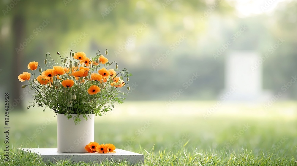 Poster a solemn scene featuring a bouquet of vibrant orange poppies on a memorial stone with soft warm ligh