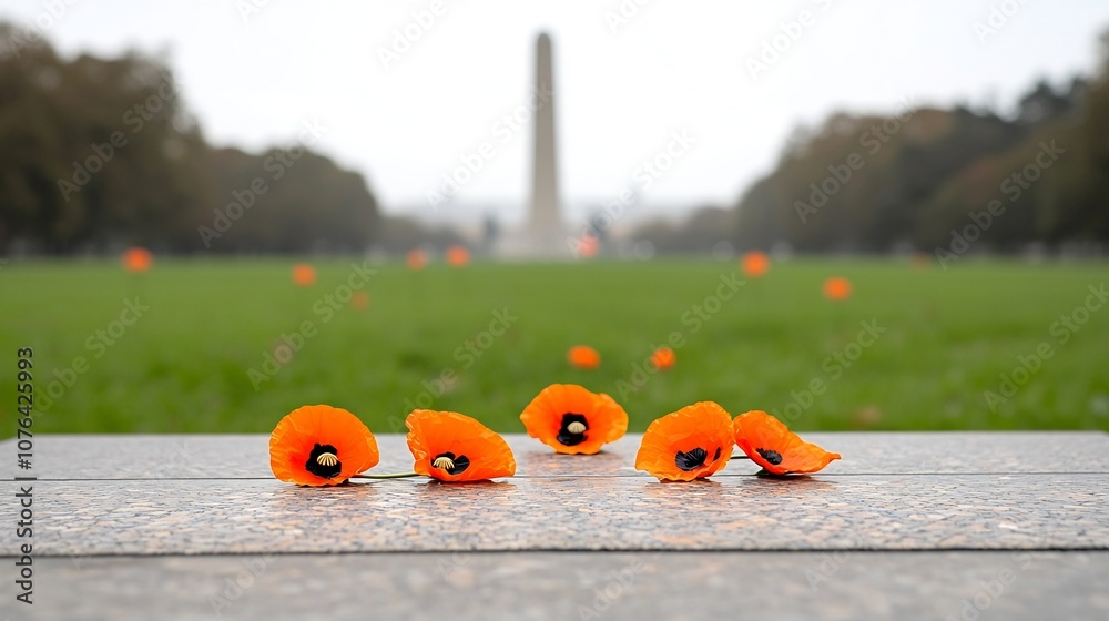 Poster orange poppies symbolizing remembrance are placed on a memorial stone with a blurred background of a
