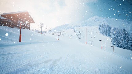 Pristine Alpian Ski Resort with Snowflakes and Rugged Mountain Ranges Captured on a Clear Winter Day : Generative AI