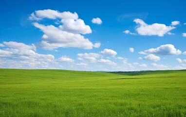 Obraz premium A serene landscape featuring lush green fields under a bright blue sky with fluffy clouds.