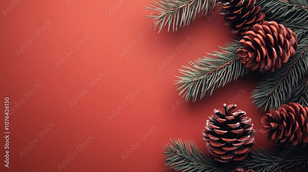 Poster christmas pine cones and fir branches forming a border on red background