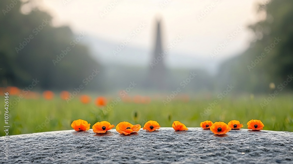Poster A serene memorial setting featuring carefully placed orange poppies on a stone surface with a blurred monument in the background creating a scene of peace reflection and reverence