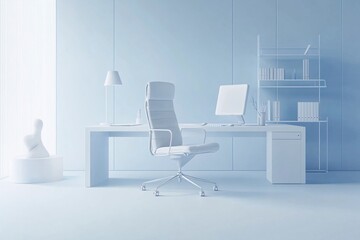 Fototapeta premium Minimalist Home Office Design: White Desk, Chair, and Computer in a Light Blue Room