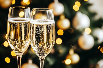 Celebratory Toast with Champagne Flutes and Festive Lights : Generative AI