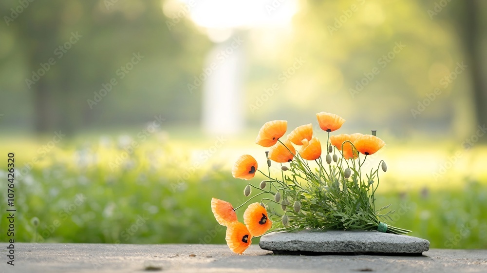 Poster soft warm light illuminates a delicate bouquet of vibrant orange poppies resting on a stone in a pea