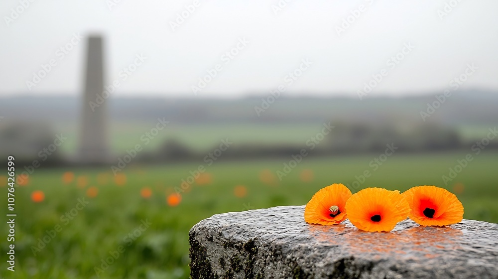 Aufkleber close up of vibrant orange poppies blooming on a weathered stone surface with a tall monument blurre