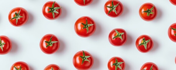A fresh arrangement of vibrant red cherry tomatoes against a clean, white background, showcasing their glossy texture and green stems.