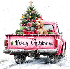 dog in the car, Christmas celebrate , new year, dog in a pink truck , with presents and christmas tree 