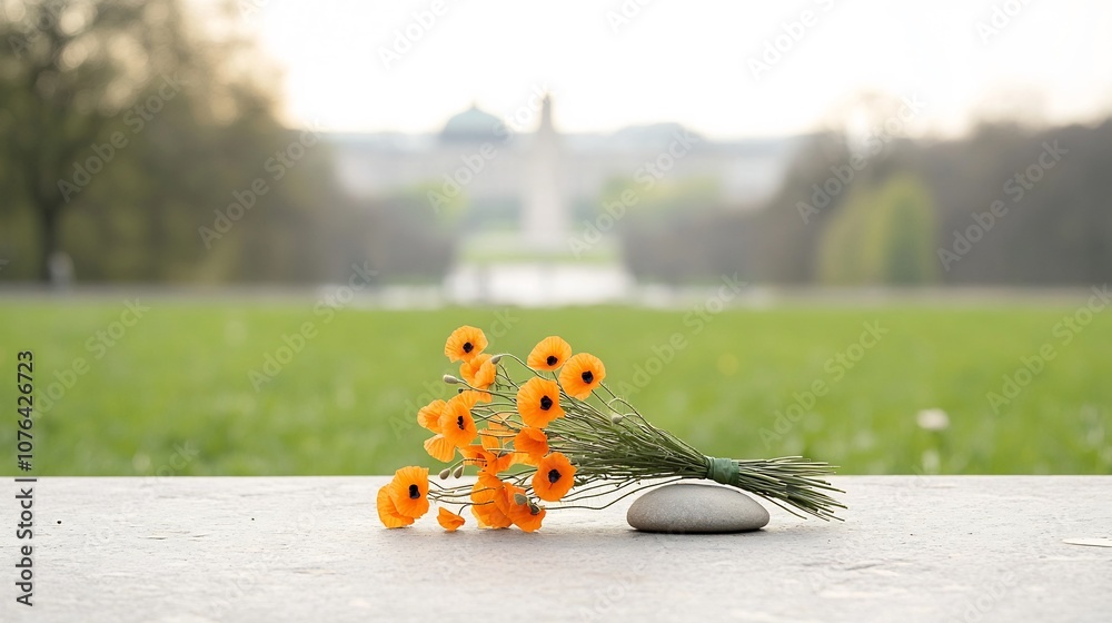 Poster memorial scene with a bouquet of orange poppies on a stone capturing a peaceful tribute with a blurr