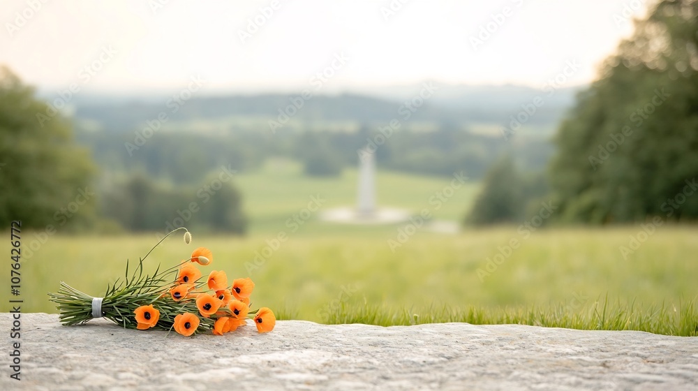 Poster peaceful memorial scene with a bouquet of orange poppies placed on a stone capturing a solemn tribut
