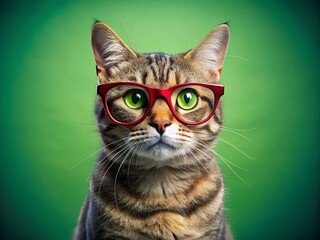 Obraz premium Cinematic Portrait of a Stylish Cat Wearing Glasses Against a Vibrant Green Background, Perfect for Cat Lovers and Pet Enthusiasts, Showcasing Feline Charm and Personality