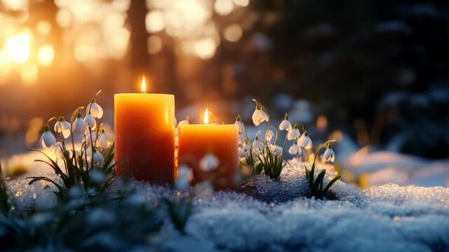 Two glowing candles and delicate snowdrops rest on a snow covered altar in a sunlit forest, representing the hope and renewal associated with imbolc.