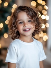 Joyful young child with curly hair in festive bokeh light setting inside cozy home : Generative AI