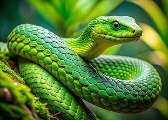 Fototapeta premium Close Up Aerial View of a Dangerous Green Mamba Snake in Its Natural Habitat, Showcasing Intricate Scales, Vibrant Coloration, and Coiled Posture for Wildlife Enthusiasts and Nature Lovers