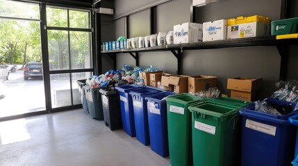 A row of recycling bins in a  building, organized and ready to be used.