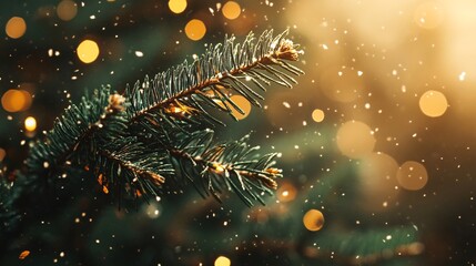 Snow gently falling on christmas tree branch with golden lights in background