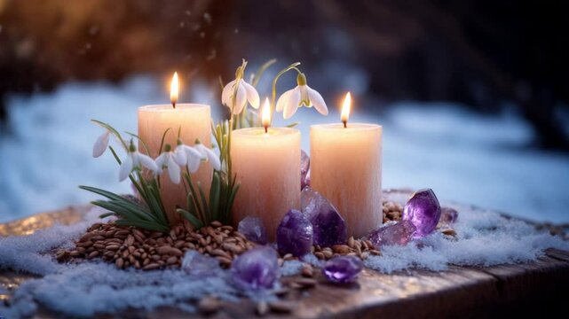 Imbolc altar radiates with flickering candles, adorned with delicate snowdrops and shimmering crystals on a blanket of fresh snow.