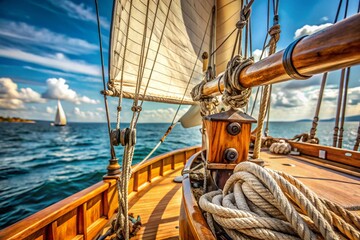 Fototapeta premium Close-Up Details of Vintage Sailing Hardware and Canvas Sail on a Classic Sailboat, Capturing the Beauty of Maritime Craftsmanship with Ample Copy Space for Design Use
