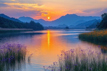 Fototapeta premium Sunset Over a Mountain Lake with Purple and Yellow Flowers