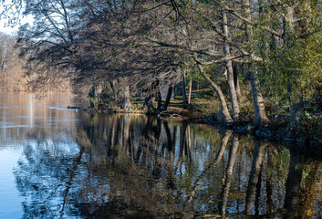 Waterfront park Åbackarna along Motala stream during November 2024 in Norrköping, Sweden. Norrköping is a historic industrial town.