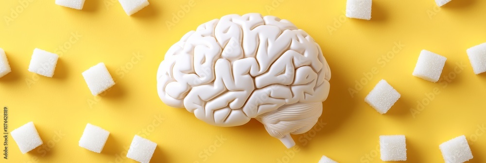 Poster anatomical model of human brain surrounded by sugar cubes showing effects of excessive sugar on cogn