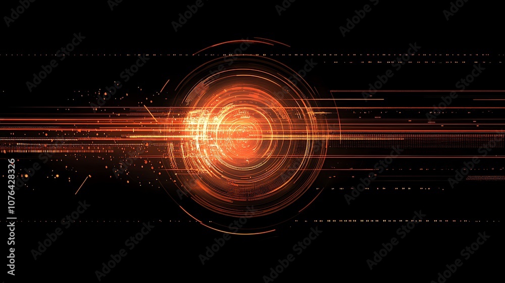 Poster abstract orange glowing circle with digital lines and particles.