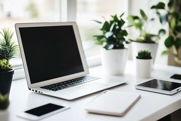 Minimalist Workspace with Laptop, Plants, and Notebook - Modern Home Office Design