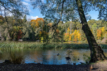 Waterfront park Åbackarna along Motala stream during October 2024 in Norrköping, Sweden. Norrköping is a historic industrial town.