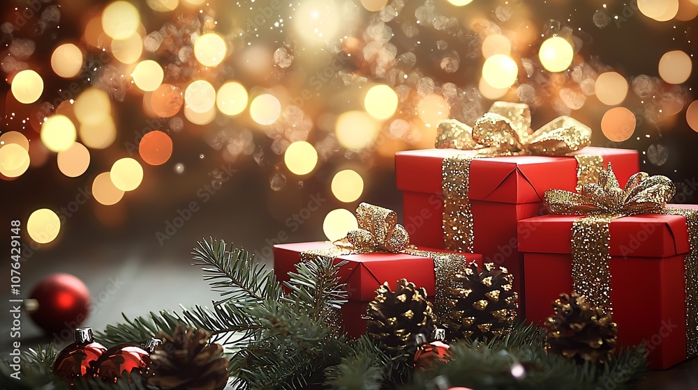 Poster luxurious christmas gifts wrapped in red with pinecones and bokeh lights : generative ai